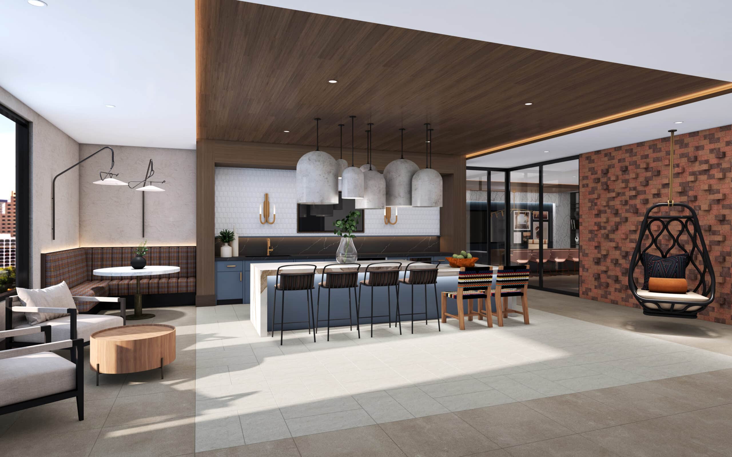 Rendering of The Hatchery amenity kitchen with pendant lights and a brick wall